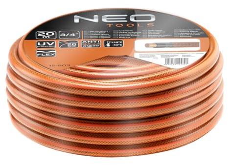 NEO TOOLS Gartenschlauch 3/4 Zoll, 20 m Länge, 4-lagiger - UV-beständig, Flexibel Schlauch - Wasserschlauch aus Erst-PVC, mit Anti-Algen-Innenausstattung - Orange