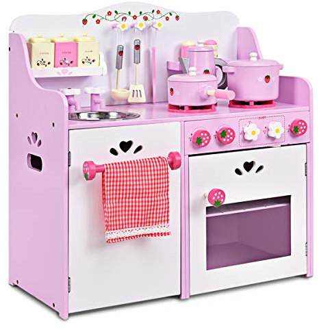 GOPLUS Kinderküche aus Holz, Spielküche mit Wasserhahn, Spielzeug-Küchenzeile, Spielzeugküche mit Schränken, Holzküche Kinder, Kinderspielküche mit Zubehör, Pink