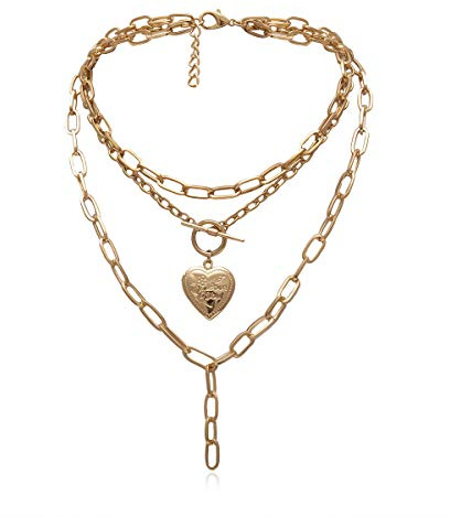HMOOY Cool Punk Grueso Cadena Collar Llamativo En Forma De Corazón Foto Medallón Colgante En Capas Gargantilla Collar Joyería para Mujeres Niñas