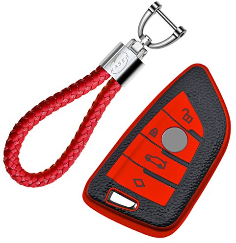 KASER Autoschlüssel Hülle kompatibel für BMW Serie 1 3 5 X1 X3 X4 X5 X6 Schlüsselanhänger Abdeckung Silikon Schutzhülle Ledereffekt (Rot)