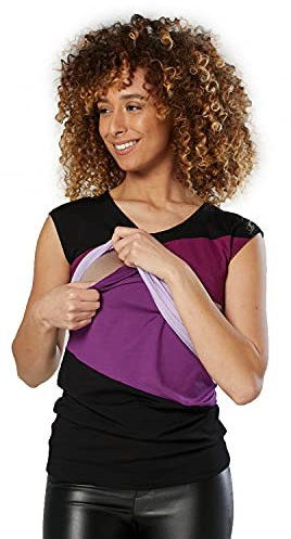 HAPPY MAMA. Damen Still Umstands-Top Lagendesign Farbblock-Design Ärmellos. 369p (Pflaume & Lavendel, 44, 2XL)