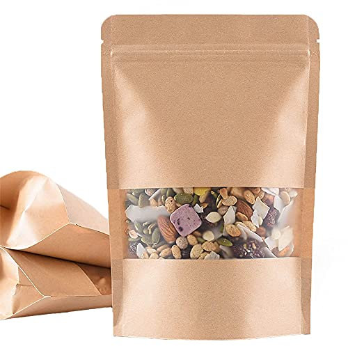 Sachet Kraft Alimentaire, 50 Pièces Sacs en Papier avec Fenêtre Transparente, Sac en Papier Kraft Auto-Scellant, pour Emballer des Aliments, du Thé, des Pâtes, des Collations, des Épices
