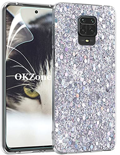 OKZone Cover per Xiaomi Redmi Note 9 PRO [con Pellicola Proteggi Schermo], Custodia Lucciante con Brillantini Glitters Ultra Sottile Designer Case Cover (Argento)