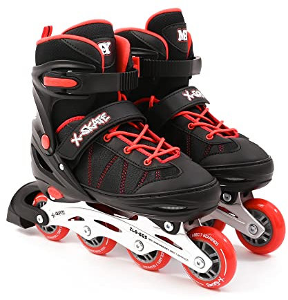 M.Y X-Skate Adjustable Red Inline Roller Skates with Built In Adjusters Kids Roller Boots for Boys & Girls - Small