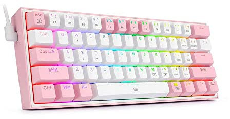 Redragon K617 Fizz RGB Mechanical Gaming Keyboard | 60% Gaming Keyboard | Red Switches | English Distribution Us | USB Cable | 61 Keys | White and Pink