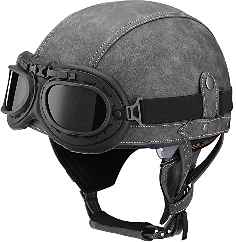BDTOT Retro Motorrad Halbhelme Leder Halbhelm Deutscher Stil Roller Cruiser Chopper Anti-Collision Helm Abnehmbarer Gehörschutz mit Visier ECE Zertifiziert Roller-Helm Scooter Mofa-Helm, L=59~60cm