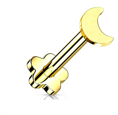 Paula & Fritz® Push-In Labret Piercing Mond Gold Titan-IUM Grade 23 Kugel Piercing Set Mehrfarbig 1,2-mm Stab-Dicke Blüten-Sockel Madonna Medusa Monroe