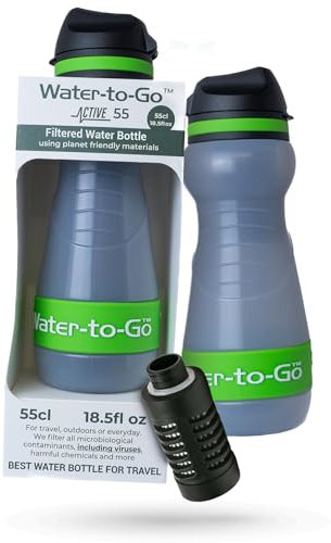 WATER TO GO Botella de agua filtrada pequeña (55 cl), práctica botella de agua de tamaño pequeño con filtro para viajes, triple nanofiltración que purifica el agua en cualquier lugar, bioplástico sin