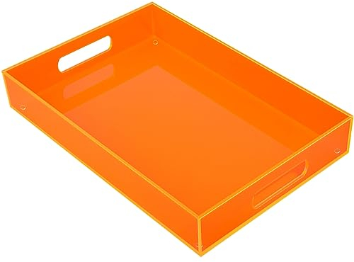 Großes Acryl-Tablett mit Griffen, 43,2 x 33 cm, dekorative Servierplatte für Lebensmittel, Tee, Abendessen, Snacks, Essen, Bar, Party, Neonorange