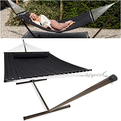 VITA5 Hängematte Outdoor - Hängematte mit Gestell für den Garten, Pool & Balkon - Großzügige Hängematte 2 Personen - Doppelhängematte mit Ständer - 200kg Belastbarkeit (Schwarz Cupholder)