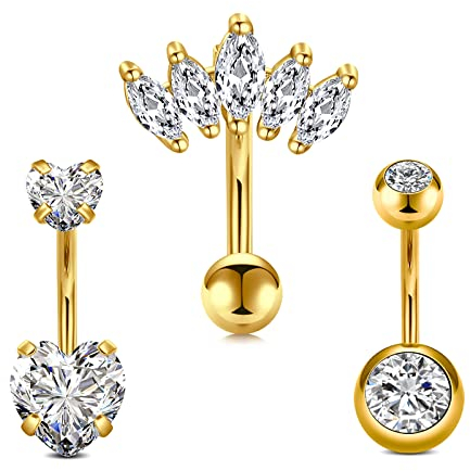 Briana Williams 3stk Bauchnabelpiercing Chirurgenstahl 10mm 14G Piercing Banane Curved Barbell Herz CZ Diamant Piercing Bauchnabel
