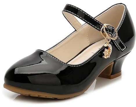 New front Scarpe Eleganti per Ragazze Scarpe col Tacco per Bambine Pelle Verniciata Suola Antiscivolo Feste di Compleanno Feste a Tema Abito da Principessa Estate Nero 35