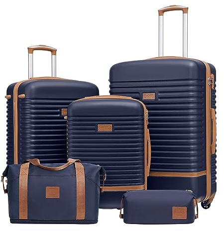 COOLIFE Suitcase Set 5PC: 28/24/20 + Weekenders, ABS Hard Shell Lightweight, 360°Wheels & TSA Locks Travel Luggage Sets - for Europe, Cruise, Study Abroad & Family Travel Blue/Brown