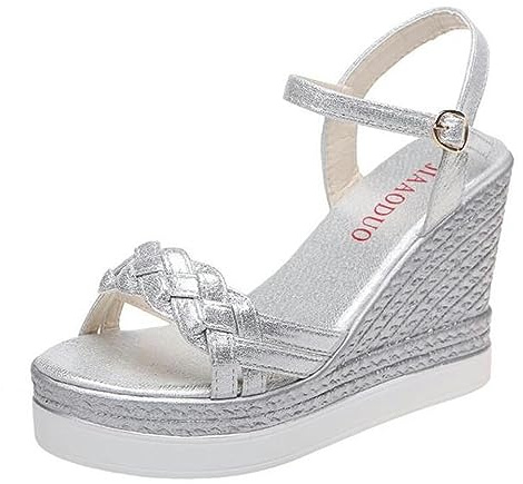 ZIRIA Sandali con tacco a zeppa per le donne sandali estivi con plateau e cinturino con fibbia a punta aperta 10 cm tacchi con fondo grosso scarpe da donna, Argento 1., 33 EU