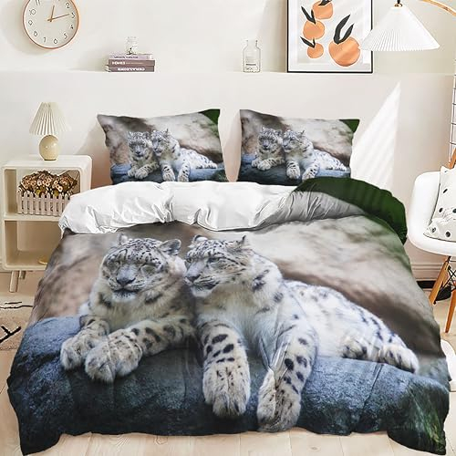 Yaofeiou 3D Effekt Leopard Bettwäsche 135x200 Tiermotiv 2Teilig Jungen Mädchen Berg Leopard Thema Bettbezug Weich Mikrofaser Wendebettwäsche Grau Weiß Mit Kissenbezug 80x80