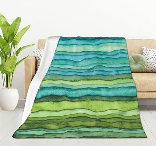 HGOD DESIGNS Flanell-Fleece-Bettdecke, 130 x 150 cm, gestreifte Wellen, blaue und grüne Farbe, Überwurfdecke, leichte, gemütliche Plüschdecke für Schlafzimmer, Wohnzimmer, Sofa, Couch