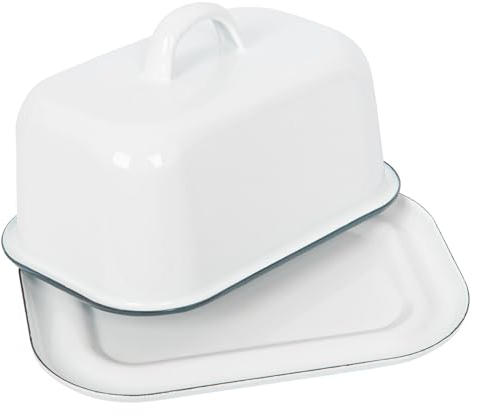 Argon Tableware Enamel Butter Dish with Lid - 18.5x10cm - Green Rim - White Enamel Vintage Kitchen Butter Dish Fridge Cheese Storage Container for Butter, Cheese, Margarine