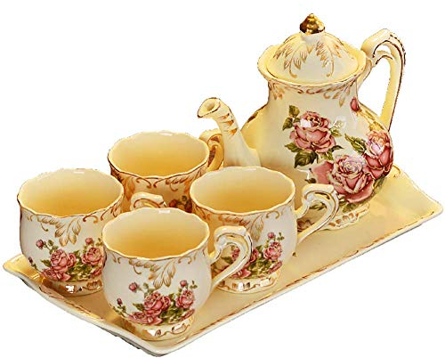 NZPOST Service à thé en céramique de l'après-midi, 6 pièces, Motif de Rose Blanche, Service à thé en céramique Vintage Anglais, Service à café avec Plateau