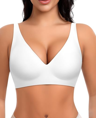 Ganado Damen BH Tiefem V-Ausschnitt Nahtloser BH Ohne Bügel Push Up BHS Bralette Soft Bequem BHS Bügellos Bustier (Weiß, M)