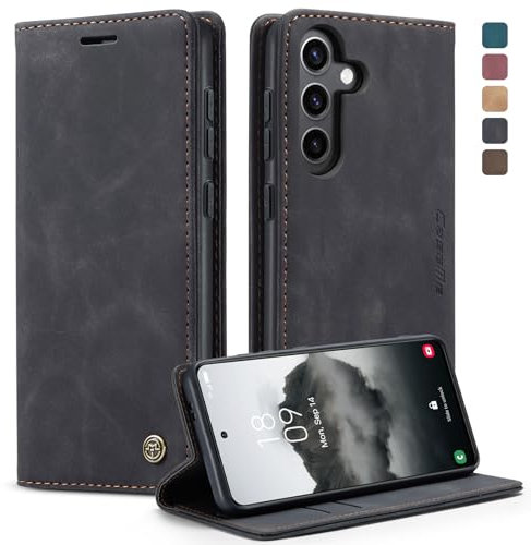 owlhold Handyhülle für Samsung Galaxy S24 5G Hülle, Premium Lederhülle Weiches Vintage-Nubukleder Faltbare Ständer Klapphülle Kartenfach Standfunktion stoßfest Schutzhülle für Samsung S24 5G -Schwarz