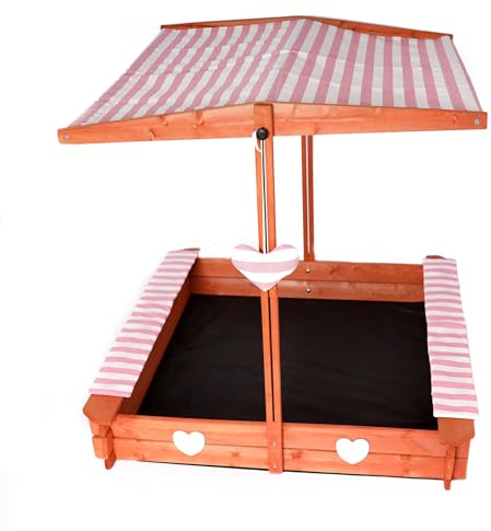 Bac à sable avec toit imperméable - 120 x 120 x 120 cm - En bois d'épicéa naturel - Protection UV - Coussin d'assise doux - Protection des bords - Sol non tissé - Jouet de sable pour enfants - Rose