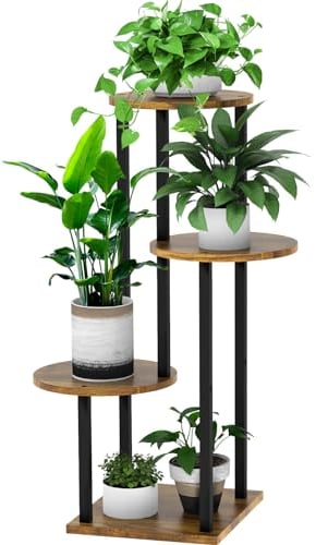 YOCOMEY 4 Tier Hölzern Blumenregal Metall Pflanzenregal, Mehrstöckig Blumenständer Pflanzenständer Blumenbank Blumentreppe Pflanzentreppe Standregal für Innen Außen Garten Balkon Deko (Rund Schwarz)