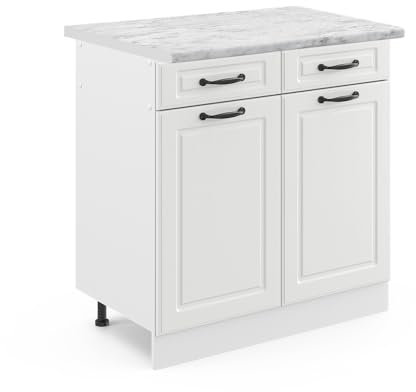 Vicco Küchenunterschrank R-Line, Schubladenschrank für die Küche, Weiß Landhaus/Weiß, 80 cm, AP Marmor