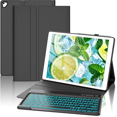 FOGARI Tastatur Hülle für iPad Pro 12.9 1./2. Generation, für iPad Pro 12.9 2017/2015, 7-farbige Hintergrundbeleuchtung, QWERTZ Layout Magnetisch Abnehmbarer Tastatur, Schwarz
