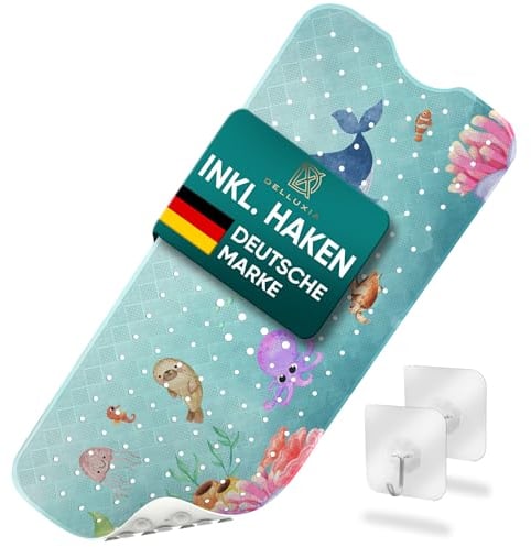 Delluxia Badewannenmatte Kinder rutschfest XL mit Aufhängung I Geruchsneutral und BPA frei I Badespaß mit der Antirutschmatte Badewanne Kinder bunt | Anti Rutsch Badewanne Matte Ozean