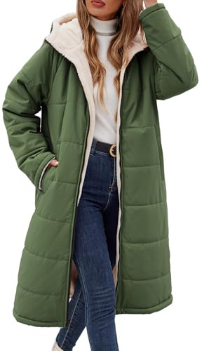 Tuopuda Winterjacke Damen Lang Warm Winter Stehkrage Teddyjacke Wasserdicht Reversibel Sherpa Daunenjacke Winddichter Daunenmantel Parka Pufferjacken Herbst Winter Geschenk für Frauen, Armeegrün, XL