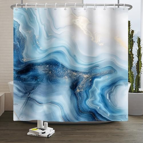 Xiaoterna Rideau de Douche en marbre Rideau de Douche en marbre Bleu Rideau de Douche Abstrait Bleu Or imperméable Rideau de Douche Art Moderne Tissu imperméable et Lavable en Machine 120x180cm