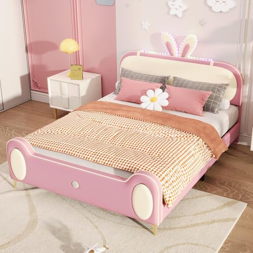 Ctastay Kinderbett Polsterbett 140x200 cm mit LED- Beleuchtung, Bett Doppelbett mit Kaninchen-Kopfteil, Familienbett Jugendbett mit Lattenrost, PU, Beige + Rosa (Ohne Matratze)