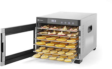 HENDI Essiccatore alimentare, con 6 griglie, per l’essiccazione di frutta, verdura e carne, timer, intervallo di temperatura da 35º a 75ºC, 230V/600W, 340x450x(H)311mm, acciaio inossidabile