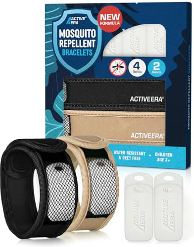 Active Era Mosquito Repellent Bracelets & Refill Bundle, DEET Free Natural Insect Repellent - Family Holiday & Camping Essentials, 2 Bracelets & 4 Refills (Black & Sand) DEET Free