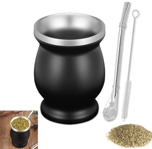 SVUPUE Yerba Mate Cup, 230ML Tazze Mate, Zucca Bombilla Yerba Mate, Set di tazze Mate in acciaio inossidabile, con Cannuccia e Scovolino, per Cucine, Ristoranti, Caffè, Nero