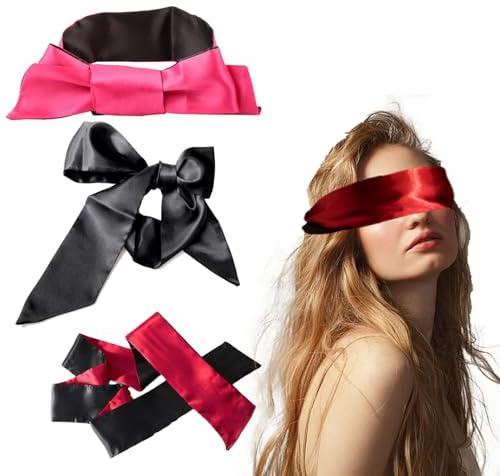 3 Stück Satin Augenbinde, Weiche Verstellbare Schlafmaske, 150 x 7 cm Augenabdeckung Reise-Augenmaske Satin Augenklappe für Frauen, Männer, Erwachsene, Paare (Schwarz, Weinrot)