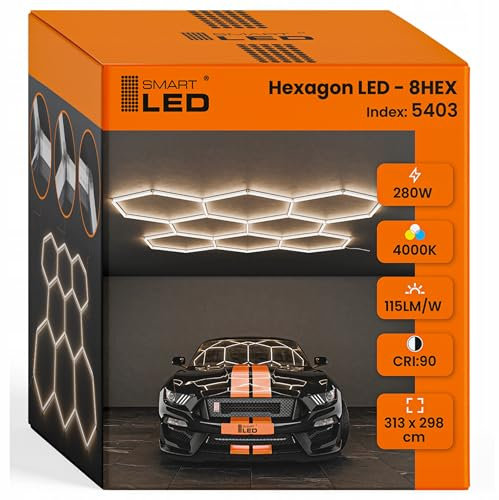 Hexagon LED Deckenlampe 313x298 cm – 24er Set Werkstattbeleuchtung 280W 32.200 Lumen – 4000K Tageslichtweiß – IP54 flimmerfrei – LED Garagenbeleuchtung für Auto, Studio, Tattoo, Detailing
