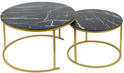 HUOLE Lot de 2 Tables Basses gigognes, Rondes Table d'appoint, Tables gigognes, pour Salon, Salle à Manger, Chambre, Balcon, 70 * 70 * 45cm-Noir Or
