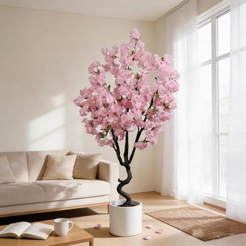 BINCUE Artificial Pink Cherry Blossom Tree Fake Tree Cherry Blossom Decor Fake Flowers Faux Flowering Tree Pink Flowers Floral Artificial Plants for Indoors Outdoors Room Home Decor Gift 6FT