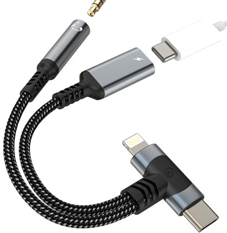 USB C Lightning to 3.5mm Headphone Jack Adapter(2 in 1)for Apple AUX Audio Cable Dongle Charging Splitter for iPhone 16 15 14 Pro Max for iPad Compatible for Samsung S25 Earphone Microphone Converter
