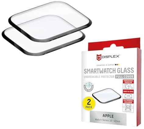 Displex Hybrid Glass - Pellicola protettiva per display per Apple Watch Apple Series 10, 42 mm, anti-impronte, vetro acrilico, facile da montare, 2 pezzi