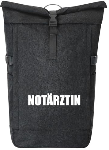 Huuraa Kurierrucksack Notärztin Schriftzug 30-44 Liter Black Melange Fairtrade Rolltop Rucksack Geschenkidee