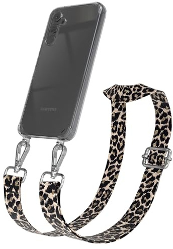 EAZY CASE Handykette - Verstellbares Taschenband kompatibel mit Galaxy A34, Schulterriemen, Handykordel mit Silikon Hülle, Umhängetasche, Leo - Schwarz Beige Silber