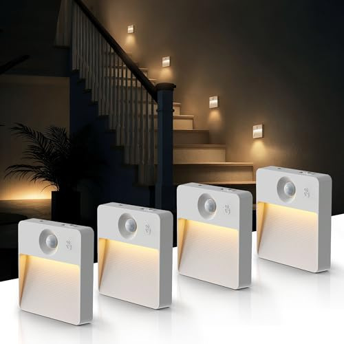 LOHAS-LED Nachtlicht mit Bewegungsmelder, 4 Stück Treppenlicht Akku | Aufladbar (750mAh), 3 Farbtemperaturen (3000K-6000K), 3 Modi (Auto/On/Off), Selbstklebend Magnetisch für Flur, Schlafzimmer