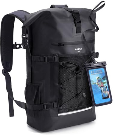 ECOHUB Wasserdichter Rucksack für Damen & Herren, 30L Dry Bag Rucksack, Rolltop-Verschluss Waterproof Backpack für Reise mit IPX8 wasserfester Handyhülle(Schwarz-1)