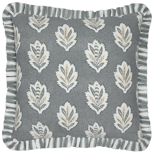 Sanderson Sessile Leaf Feather Filled Cushion – Botanical Oak Leaf Decorative Pillow with Striped Reverse and Ruffled Trim (Delph Blue - 50x50cm)