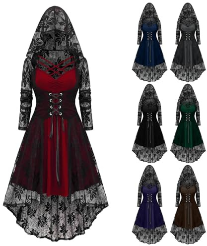 Gothic Steampunk Dresses for Women, Lace Floral Hoodie Dress Ladies Long Sleeves Midi Dresses Ruffles Layered Corset Dress Lace Up Medieval Skirt, Renaissance Fancy Skirts Halloween Carnival Outfits