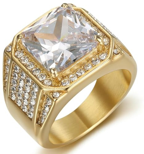 Jpltlvy 316L Edelstahl vergoldet Full CZ Herrenring mit 3A Zirkonia Hip Hop Bling Schmuck Geschenk