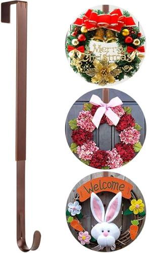 ABCHCHS Wreath Hanger for Front Door - Adjustable Length 15-25 Inch Metal Door Hanger - 20 lbs Larger - Over Door Hooks for Hanging Welcome Sign- Wreath Holder for Christmas Decorations（Bronze