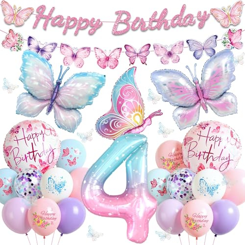 Tasoraor Schmetterling Deko Geburtstag 4 Jahre Mädchen - 46 Stück Geburtstagsdeko Luftballons Girlande und Folienballon, Rosa Schmetterlinge Ballons für 4. Kindergeburtstag Dekoration